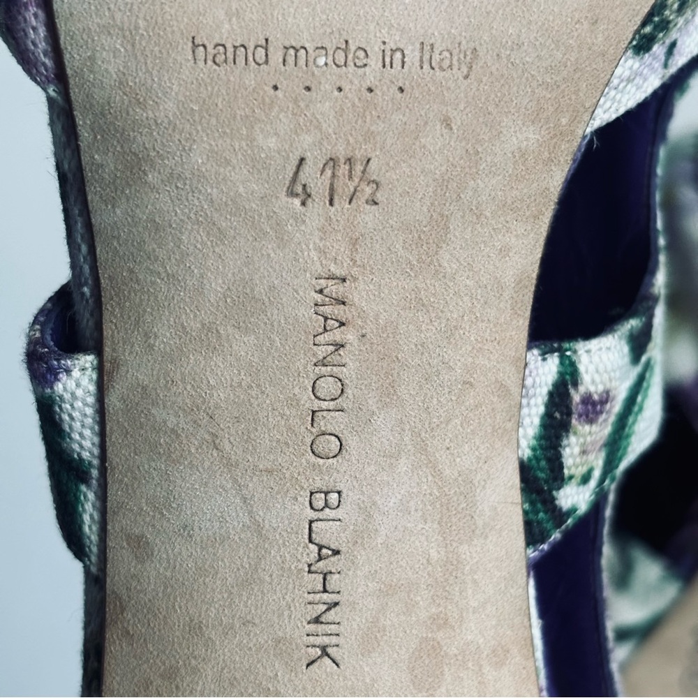 Manolo Blahnik Floral Cotton Slingback Purple Heels Sandals Shoe Size 11.5 - Picture 10 of 15